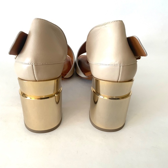 CLERGERIE Women's Beige Leather Abstract Gold Block-Heel Sandals Open toe Pumps - Picture 7 of 16